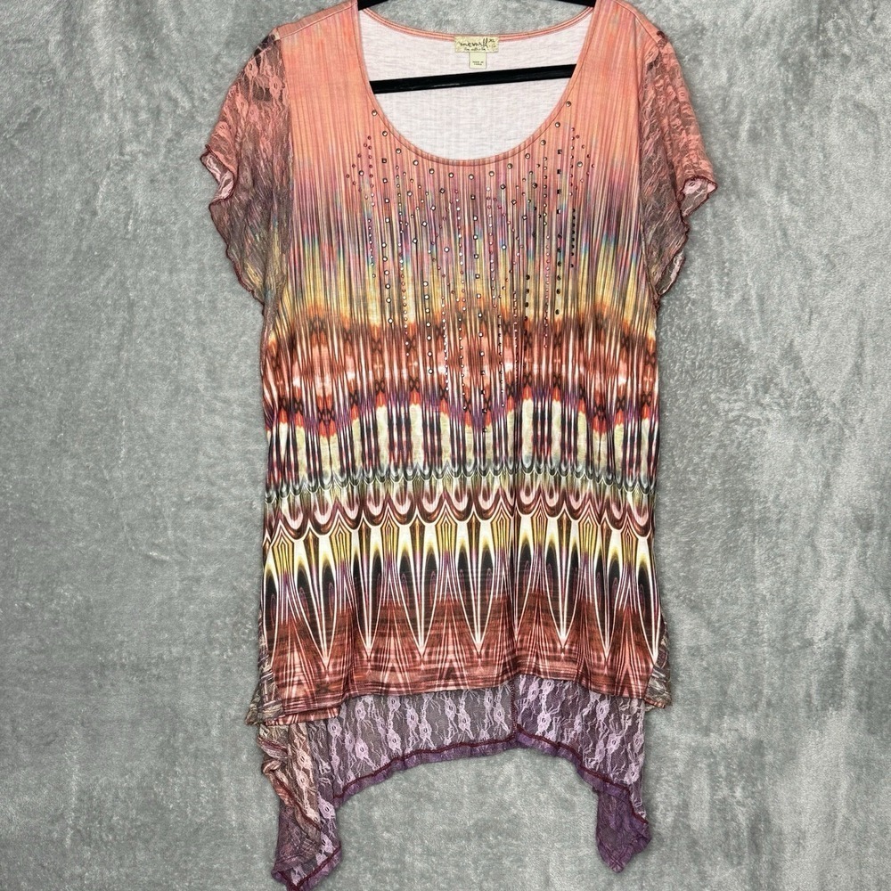 One World XL Shirt Top Pink Abstract Lace Flutter Short Sleeve Scoop Neck Knit